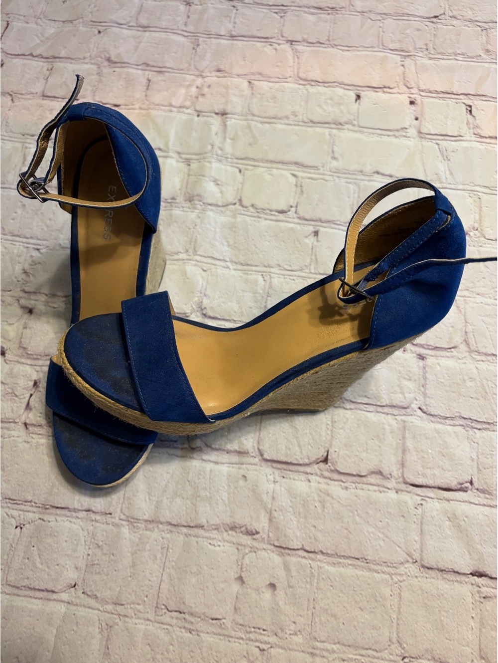 Women's Blue Suede Wedge Heels with Ankle Strap - Size 7